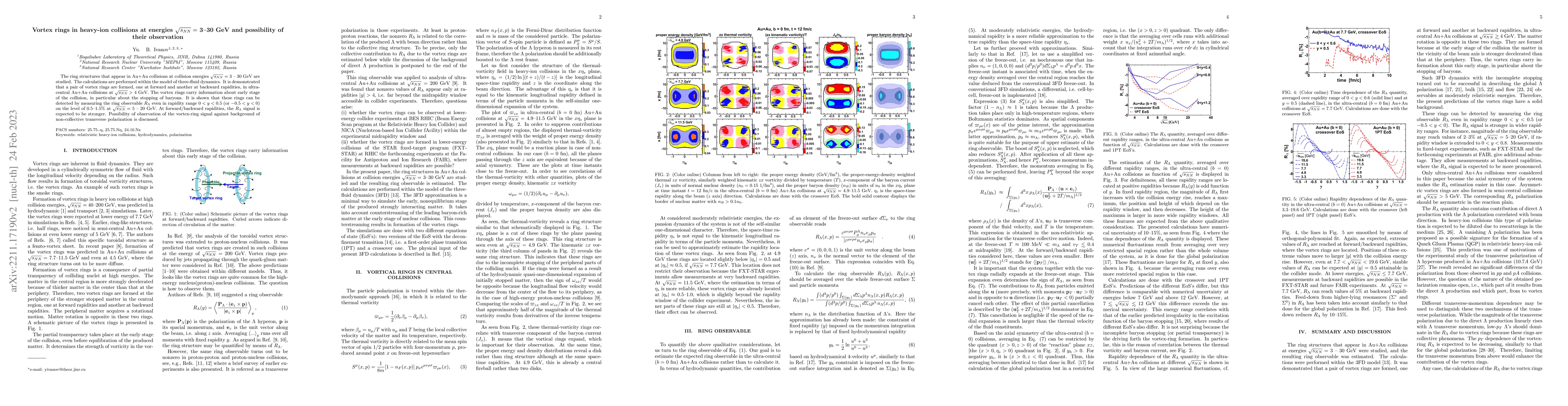 Thumbnail for Vortex rings in heavy-ion collisions at energies $\sqrt{s_{NN}}=$ 3--30
  GeV and possibility of their observation