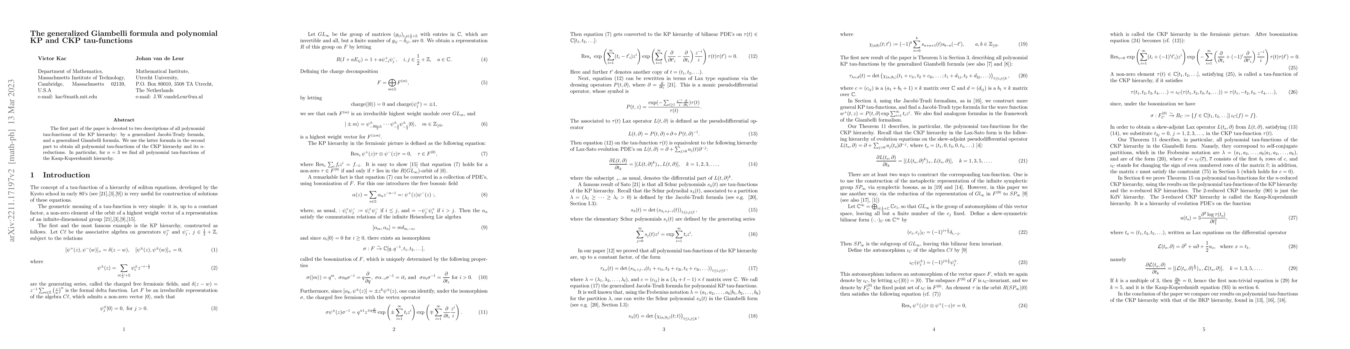 Thumbnail for The generalized Giambelli formula and polynomial KP and CKP
  tau-functions