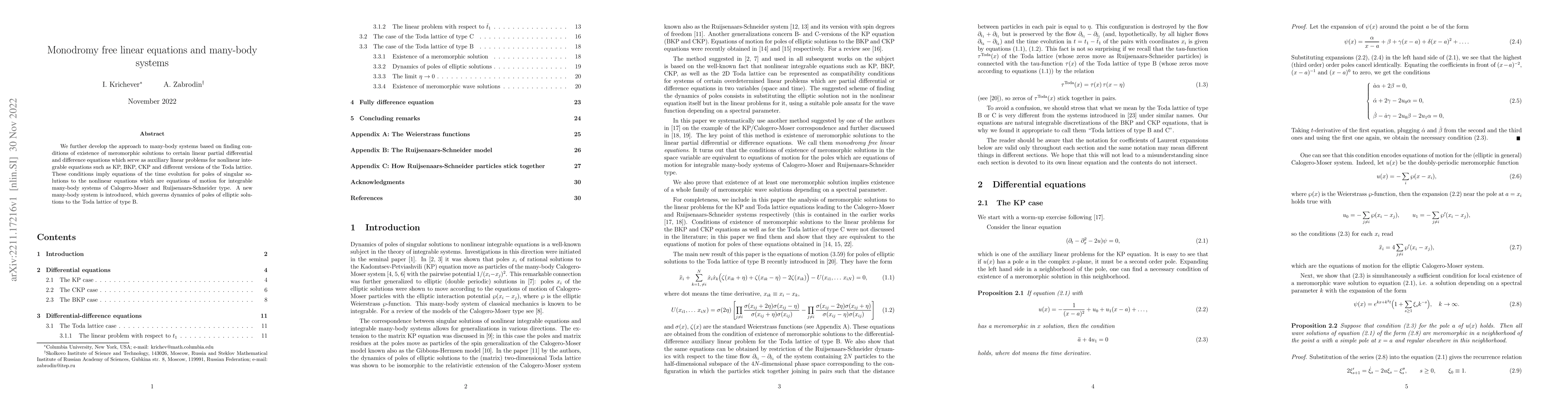 Thumbnail for Monodromy free linear equations and many-body systems