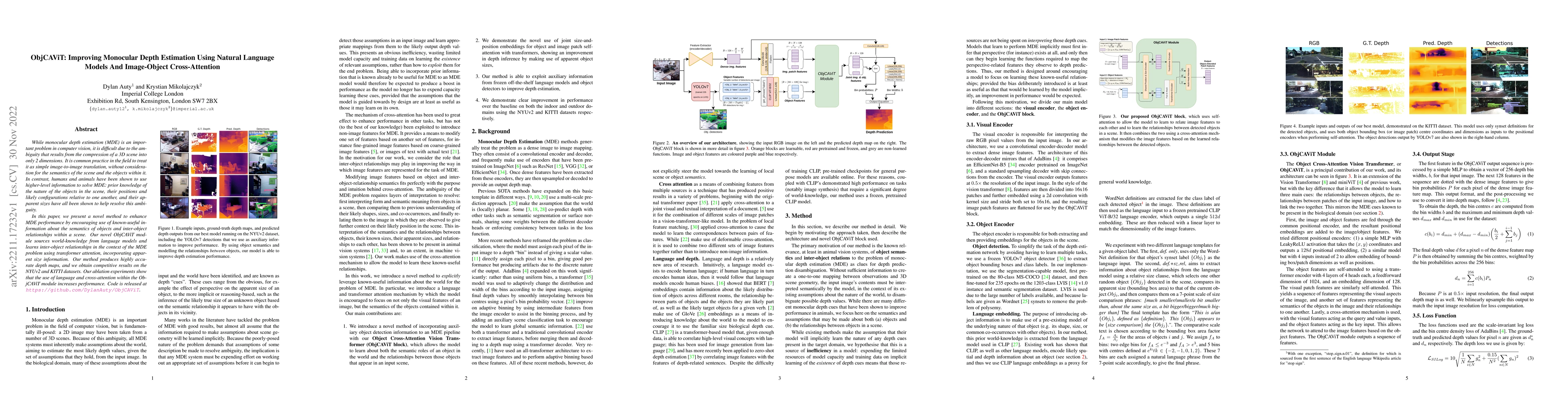 Thumbnail for ObjCAViT: Improving Monocular Depth Estimation Using Natural Language
  Models And Image-Object Cross-Attention