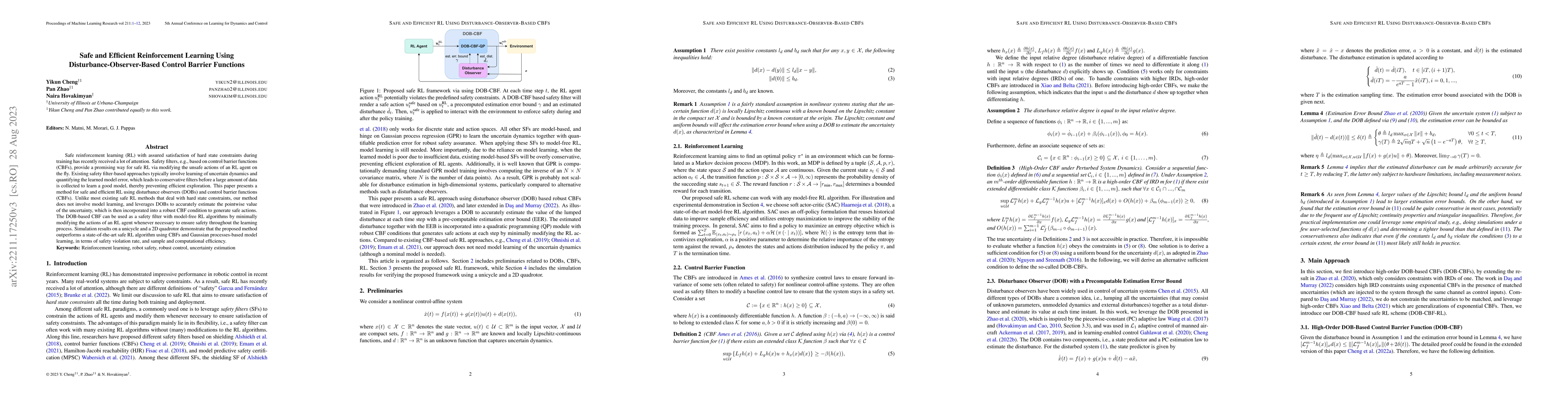 Thumbnail for Safe and Efficient Reinforcement Learning Using
  Disturbance-Observer-Based Control Barrier Functions