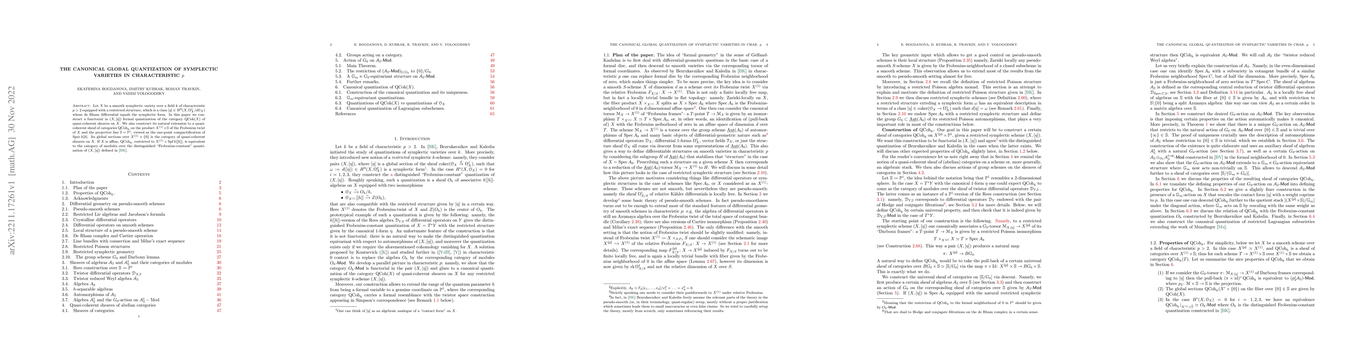 Thumbnail for The canonical global quantization of symplectic varieties in
  characteristic $p$