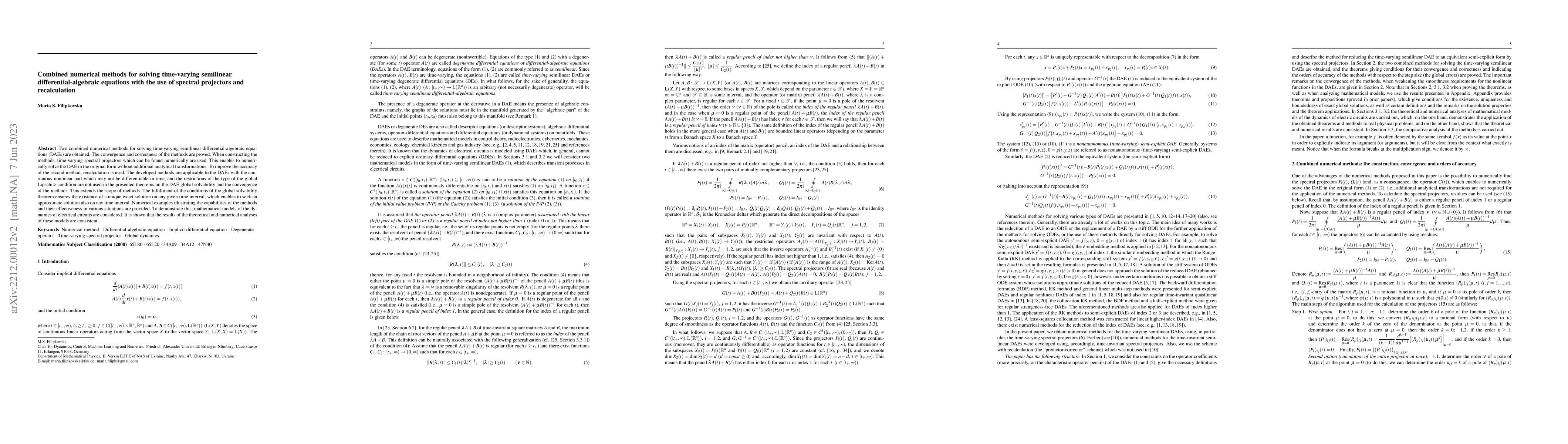 Thumbnail for Combined numerical methods for solving time-varying semilinear
  differential-algebraic equations with the use of spectral projectors and
  recalculation