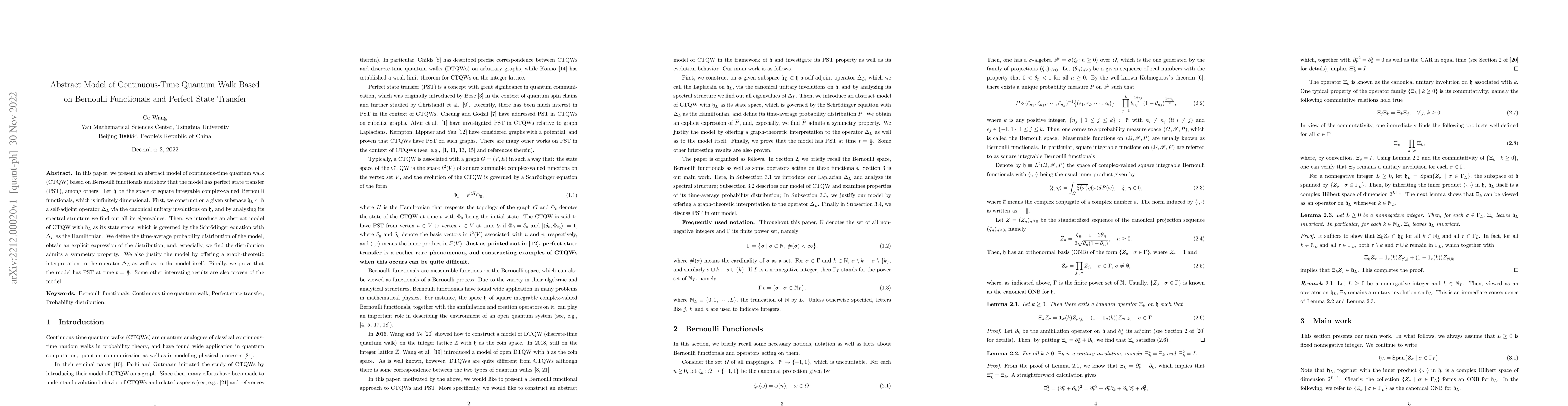 Thumbnail for Abstract Model of Continuous-Time Quantum Walk Based on Bernoulli
  Functionals and Perfect State Transfer