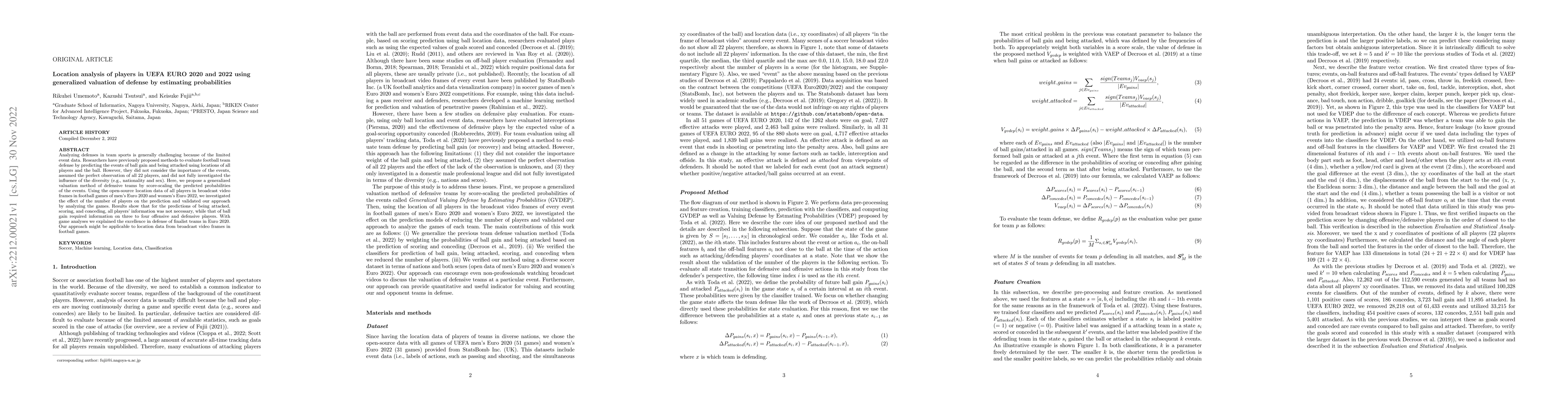 Thumbnail for Location analysis of players in UEFA EURO 2020 and 2022 using
  generalized valuation of defense by estimating probabilities