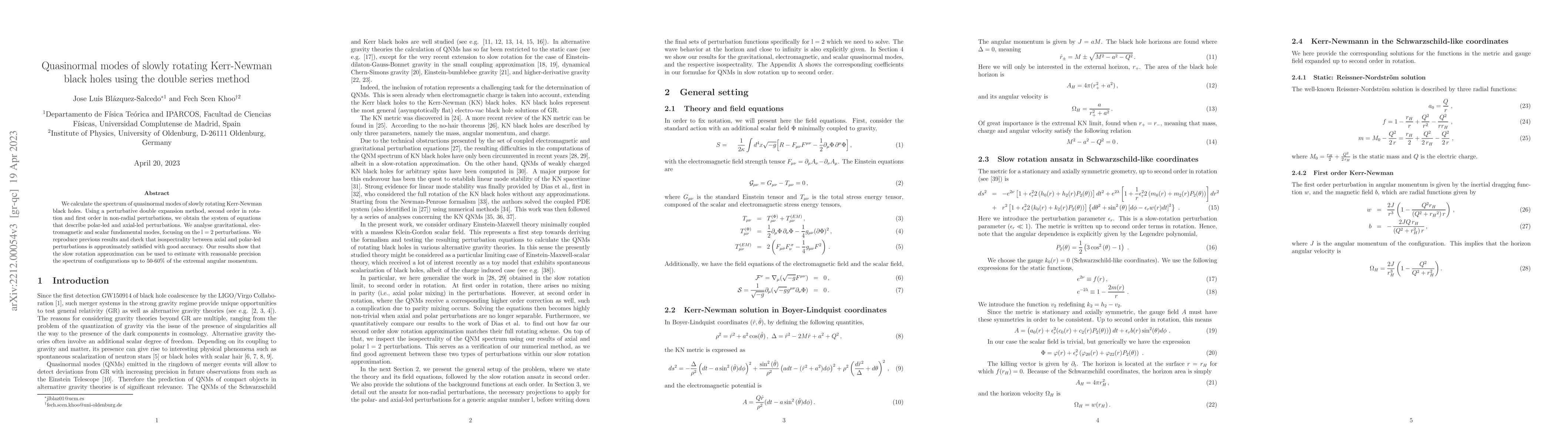 Thumbnail for Quasinormal modes of slowly rotating Kerr-Newman black holes using the
  double series method