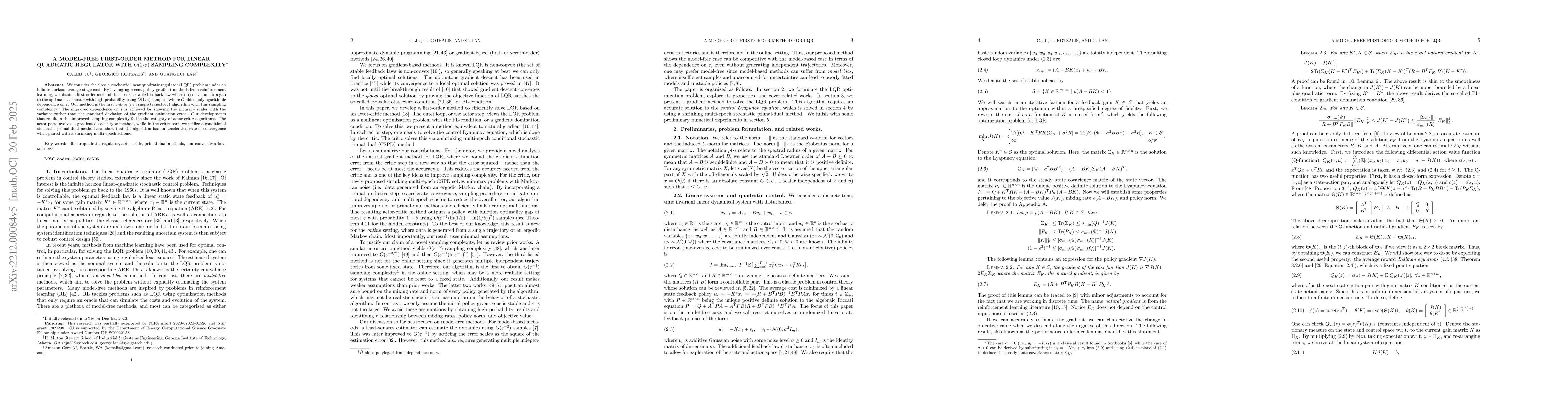 Thumbnail for A model-free first-order method for linear quadratic regulator with
  $\tilde{O}(1/\varepsilon)$ sampling complexity