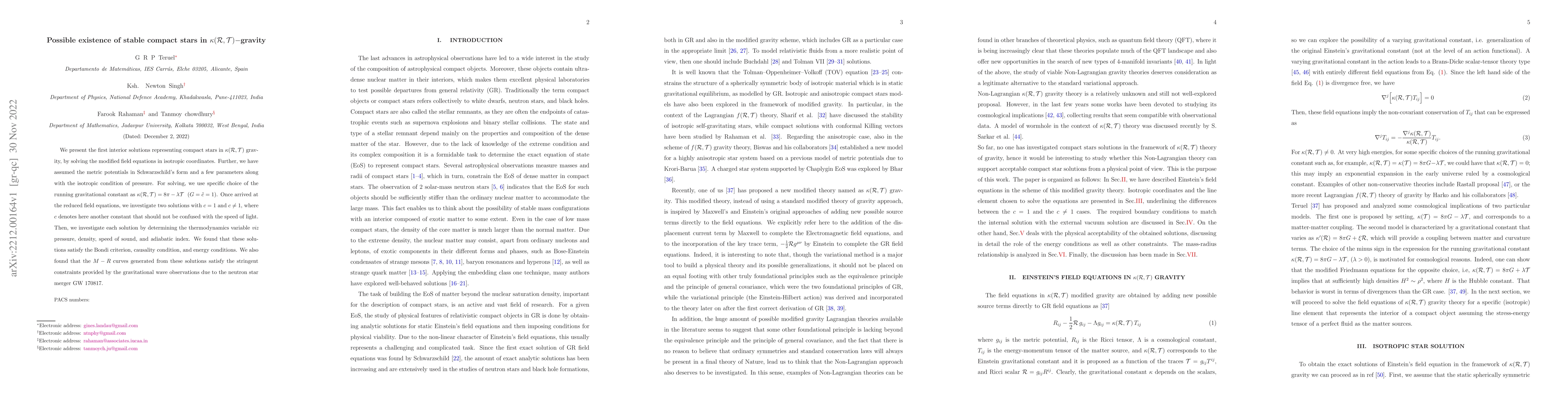Thumbnail for Possible existence of stable compact stars in
  $\kappa(\mathcal{R},\mathcal{T})-$gravity