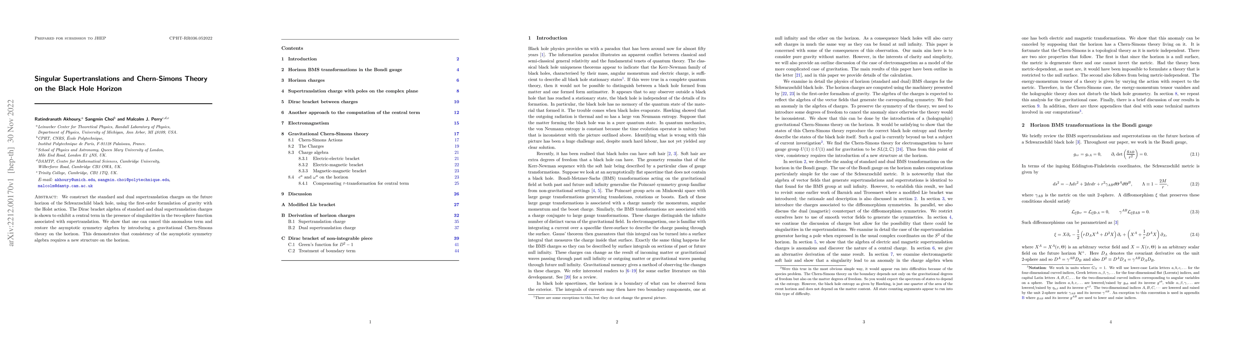 Thumbnail for Singular Supertranslations and Chern-Simons Theory on the Black Hole
  Horizon