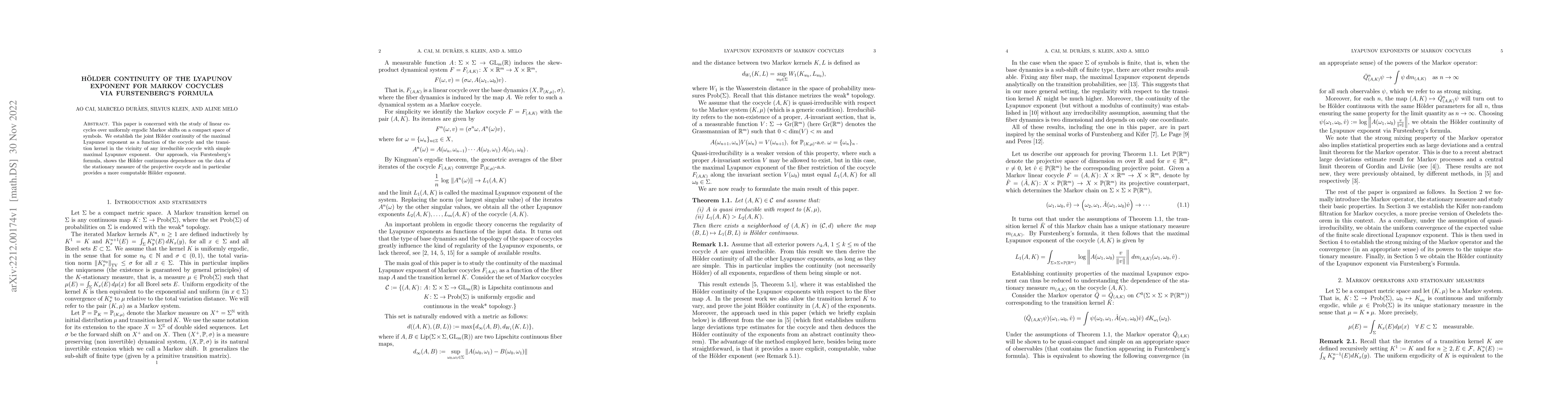 Thumbnail for H\"older continuity of the Lyapunov exponent for Markov cocycles via
  Furstenberg's Formula