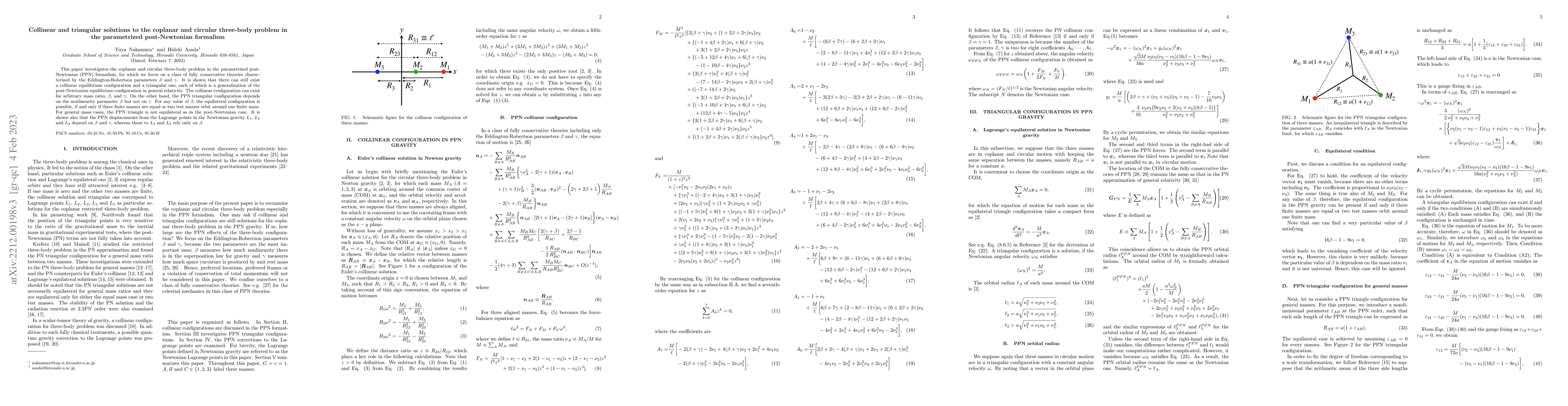 Thumbnail for Collinear and triangular solutions to the coplanar and circular
  three-body problem in the parametrized post-Newtonian formalism