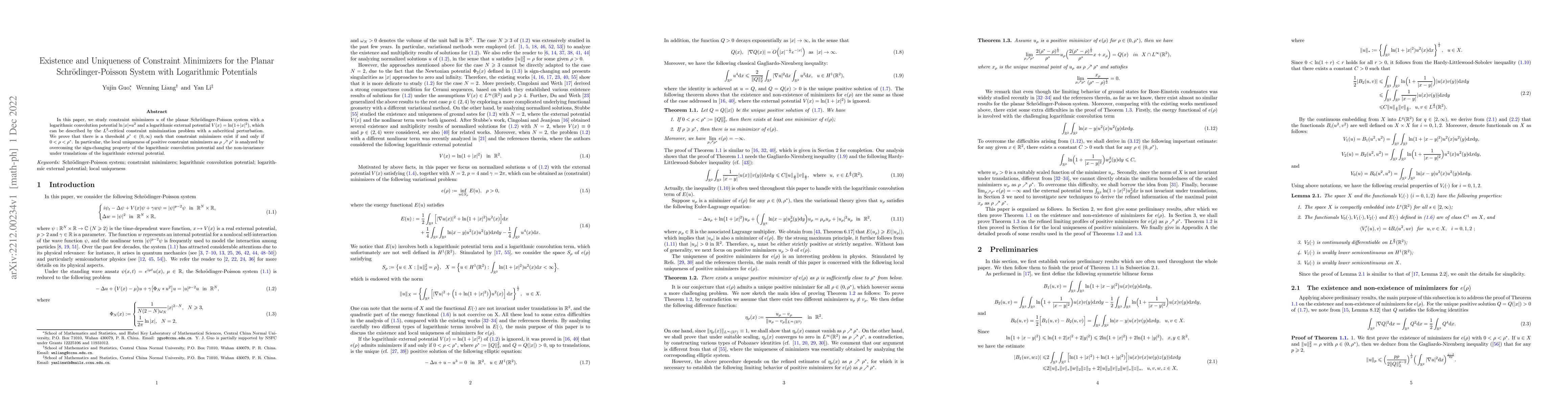 Thumbnail for Existence and Uniqueness of Constraint Minimizers for the Planar
  Schrodinger-Poisson System with Logarithmic Potentials