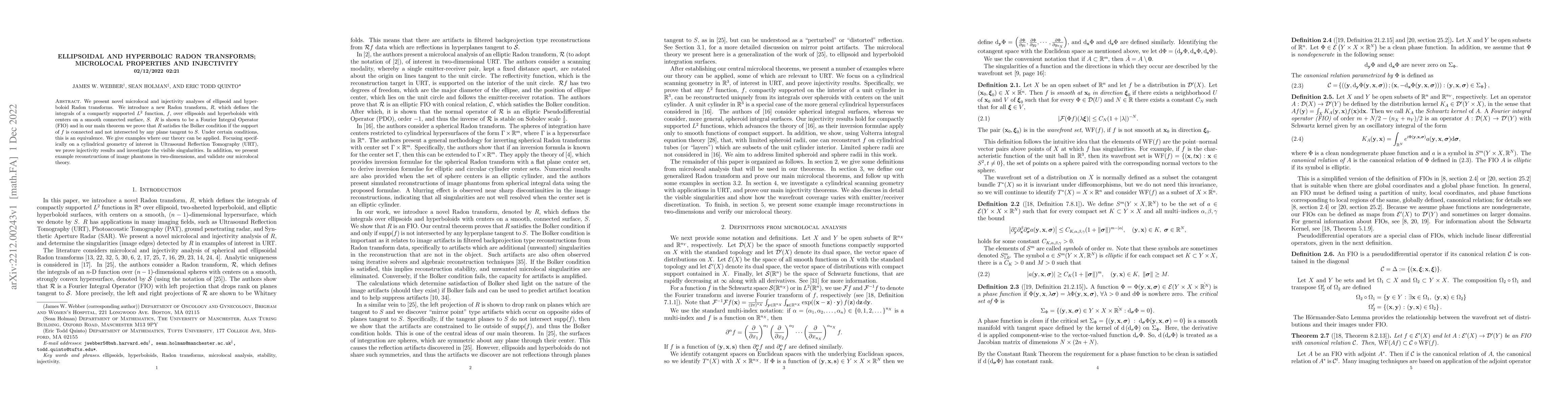 Thumbnail for Ellipsoidal and hyperbolic Radon transforms; microlocal properties and
  injectivity