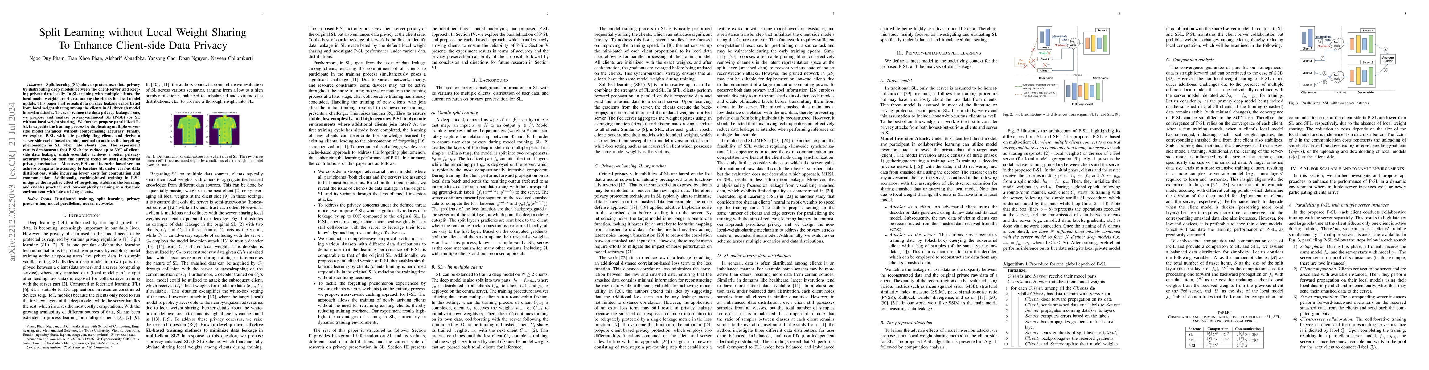 Thumbnail for Split Learning without Local Weight Sharing to Enhance Client-side Data
  Privacy