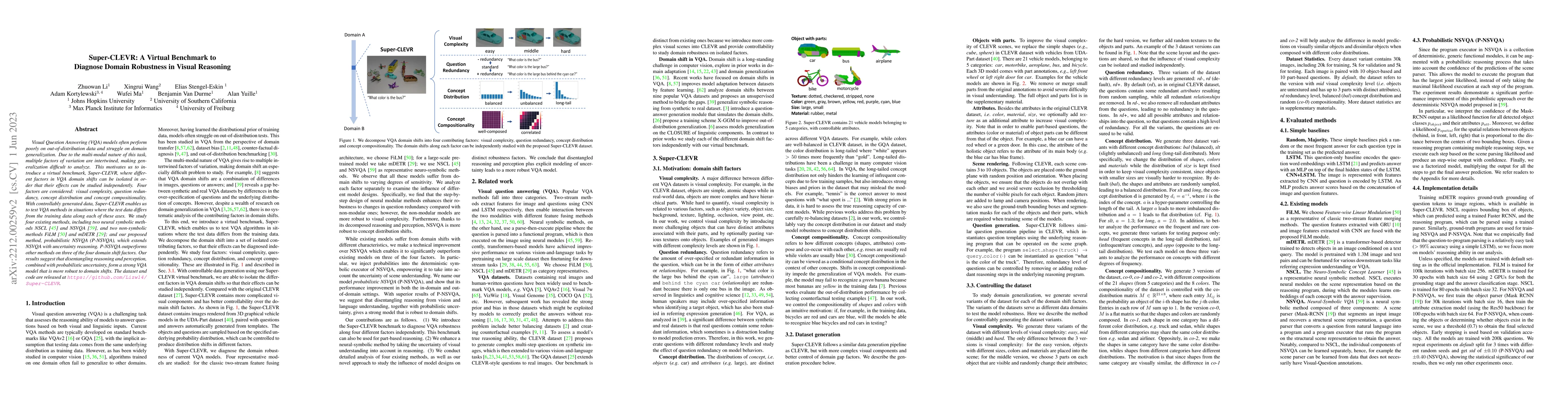 Thumbnail for Super-CLEVR: A Virtual Benchmark to Diagnose Domain Robustness in Visual
  Reasoning