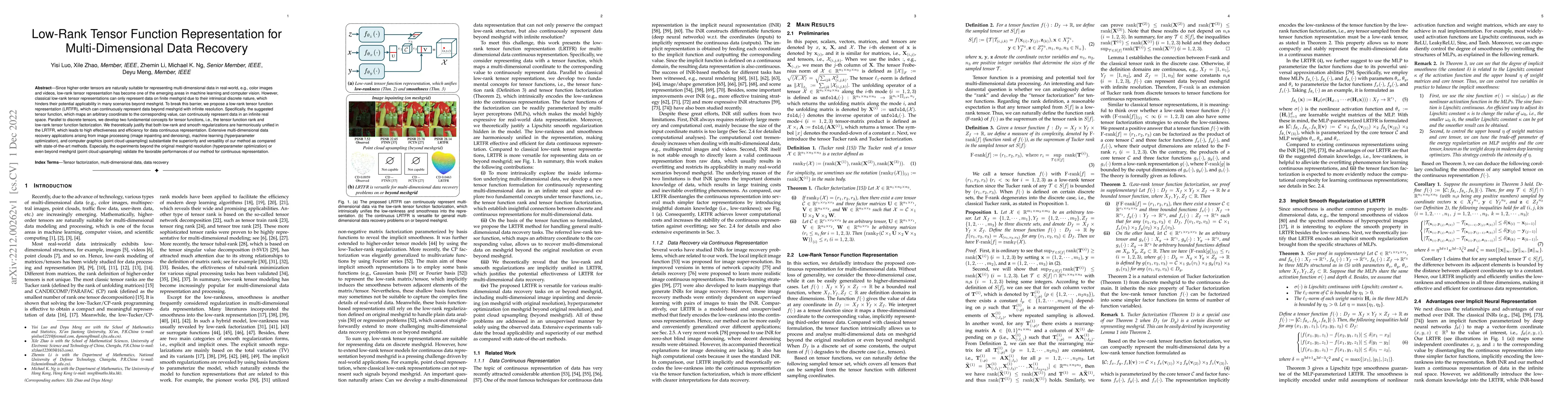 Thumbnail for Low-Rank Tensor Function Representation for Multi-Dimensional Data
  Recovery