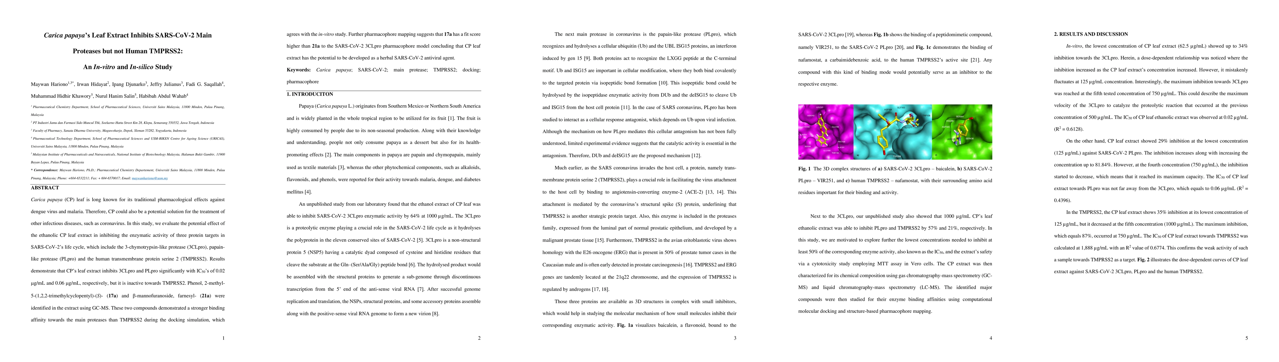 Thumbnail for Carica papaya Leaf Extract Inhibits SARS-CoV-2 Main Proteases but not
  Human TMPRSS2: An In-vitro and In-silico Study