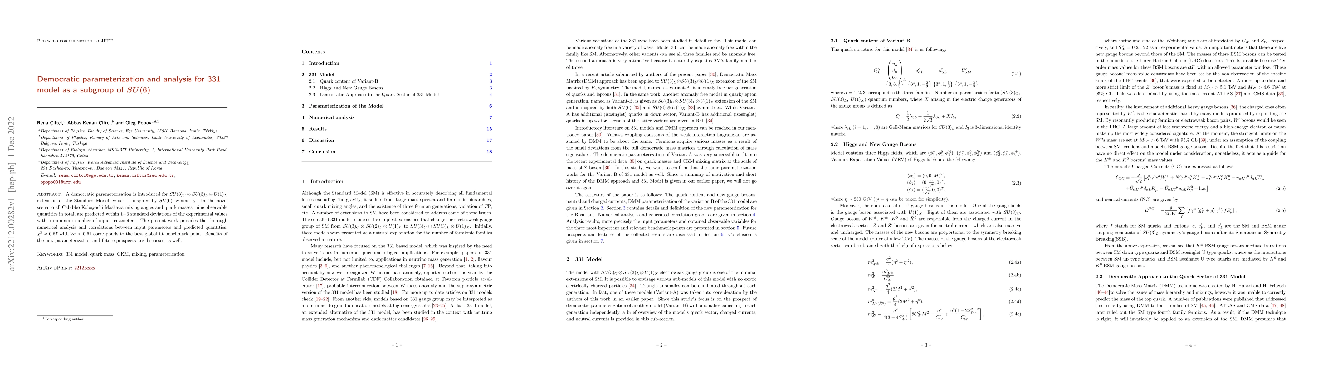 Thumbnail for Democratic parameterization and analysis for 331 model as a subgroup of
  $SU(6)$