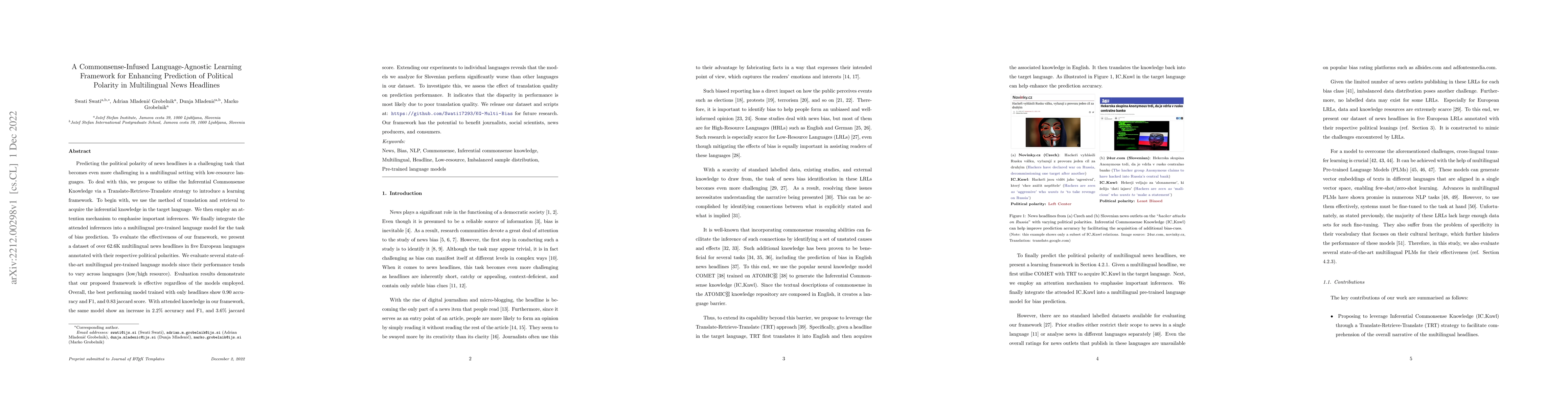 Thumbnail for A Commonsense-Infused Language-Agnostic Learning Framework for Enhancing
  Prediction of Political Polarity in Multilingual News Headlines