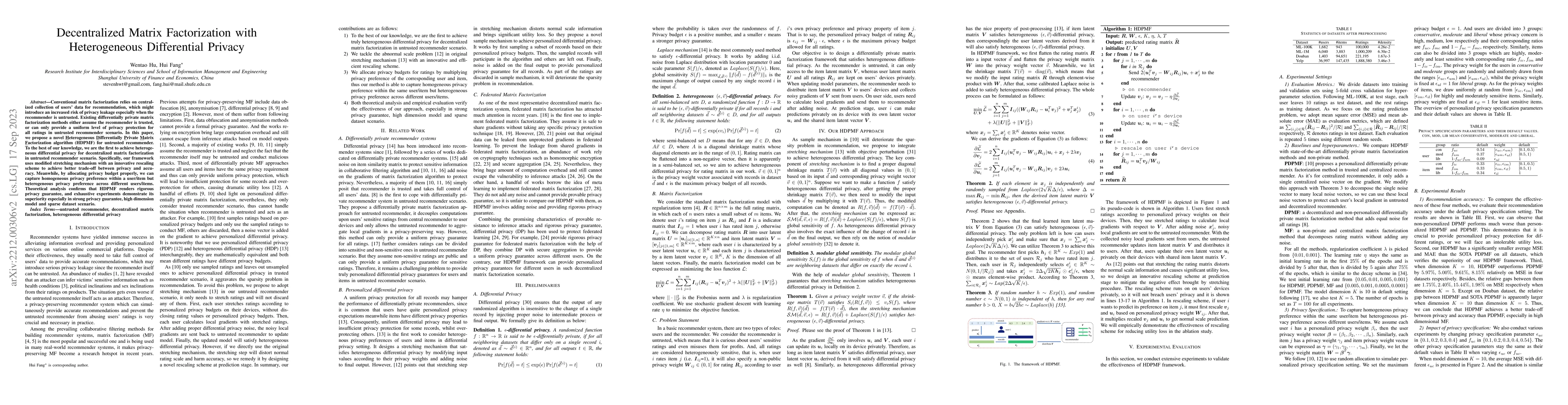 Thumbnail for Decentralized Matrix Factorization with Heterogeneous Differential
  Privacy