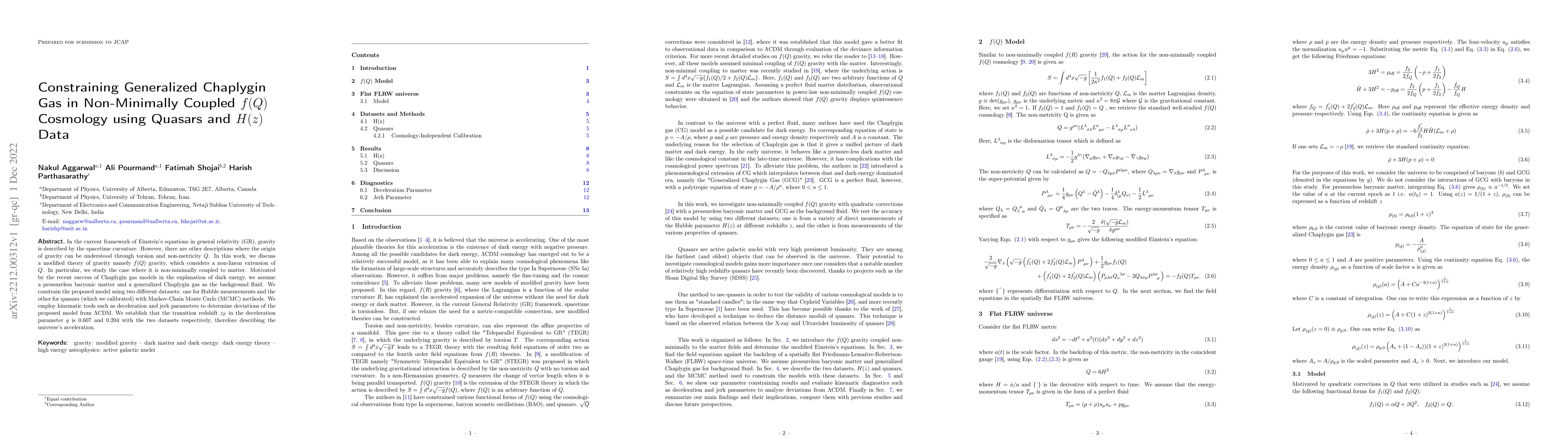 Thumbnail for Constraining Generalized Chaplygin Gas in Non-Minimally Coupled $f(Q)$
  Cosmology using Quasars and $H(z)$ Data