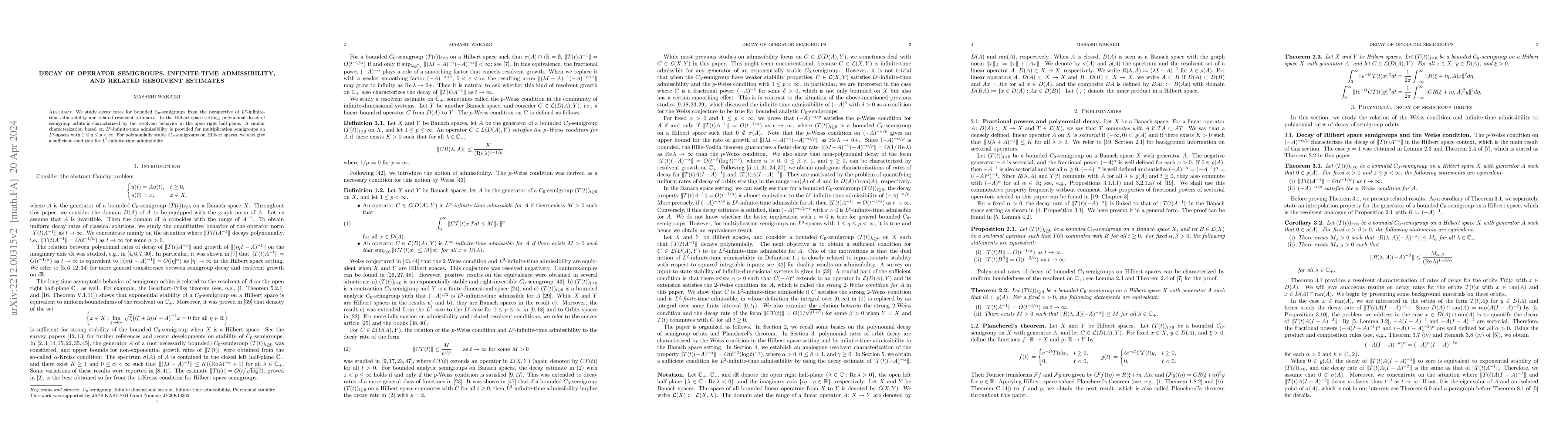 Thumbnail for Decay of Operator Semigroups, Infinite-time Admissibility, and Related
  Resolvent Estimates