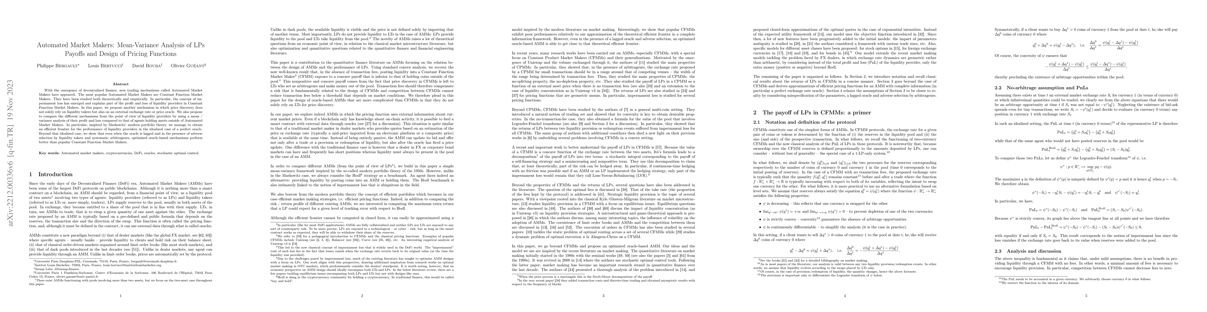 Thumbnail for Automated Market Makers: Mean-Variance Analysis of LPs Payoffs and
  Design of Pricing Functions