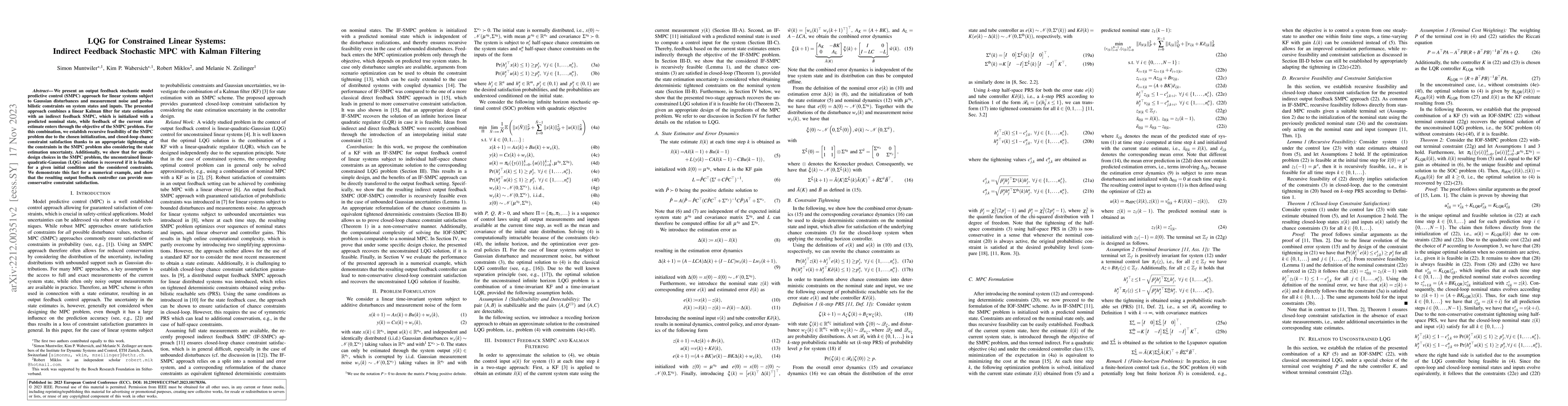 Thumbnail for LQG for Constrained Linear Systems: Indirect Feedback Stochastic MPC
  with Kalman Filtering