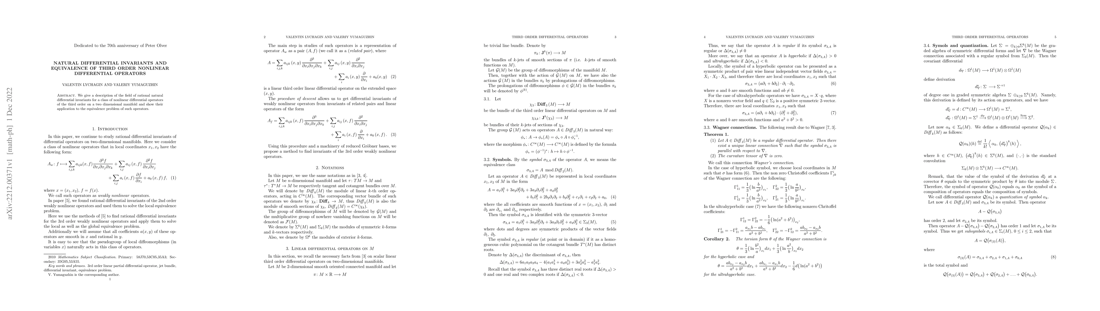 Thumbnail for Natural differential invariants and equivalence of third order nonlinear
  differential operators