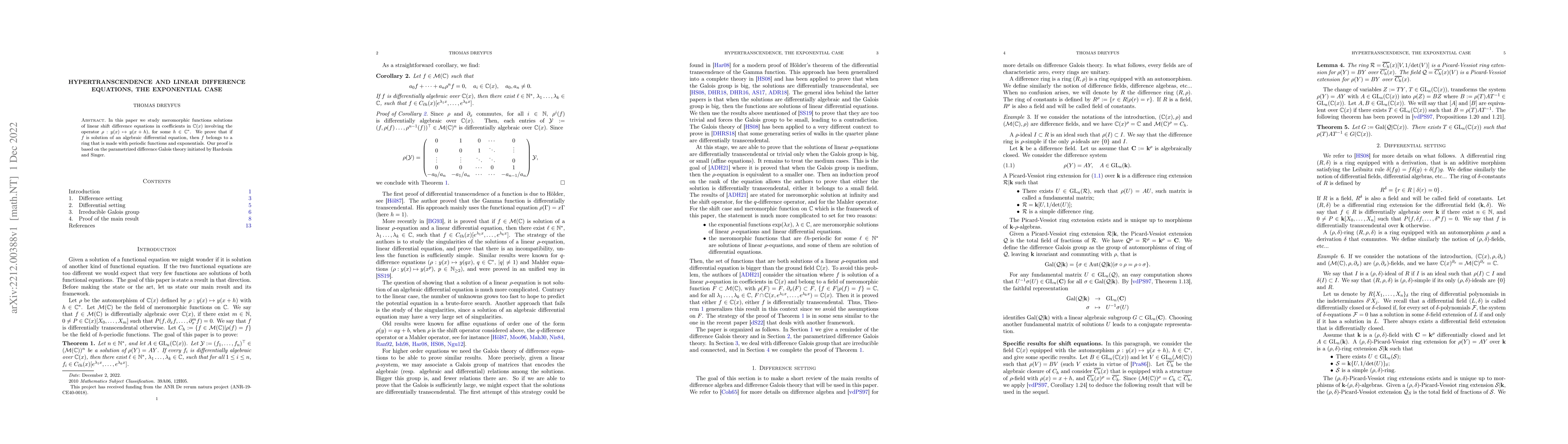 Thumbnail for Hypertranscendence and linear difference equations, the exponential case