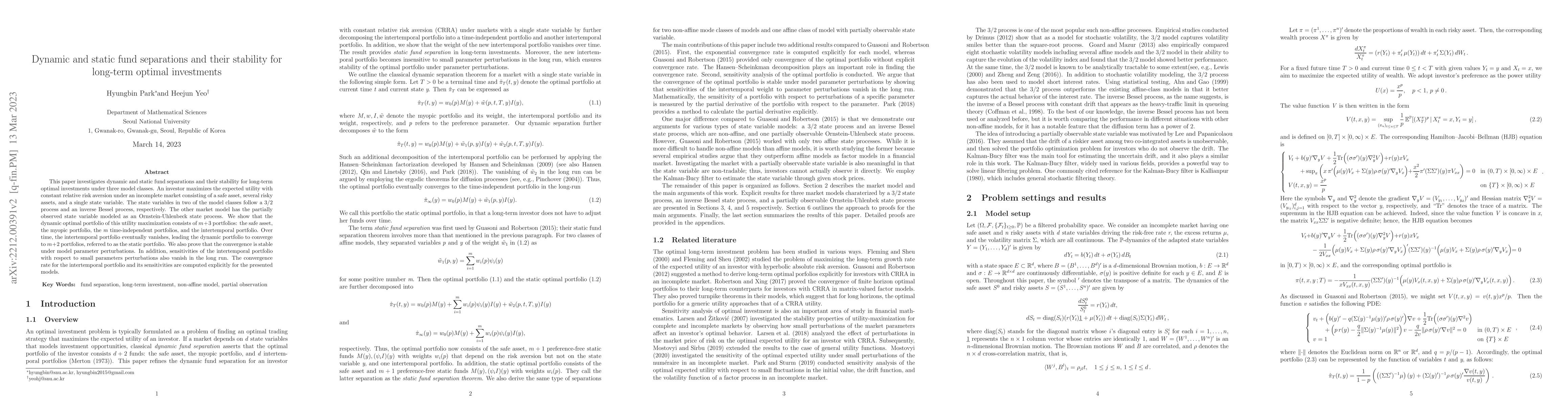 Thumbnail for Dynamic and static fund separations and their stability for long-term
  optimal investments