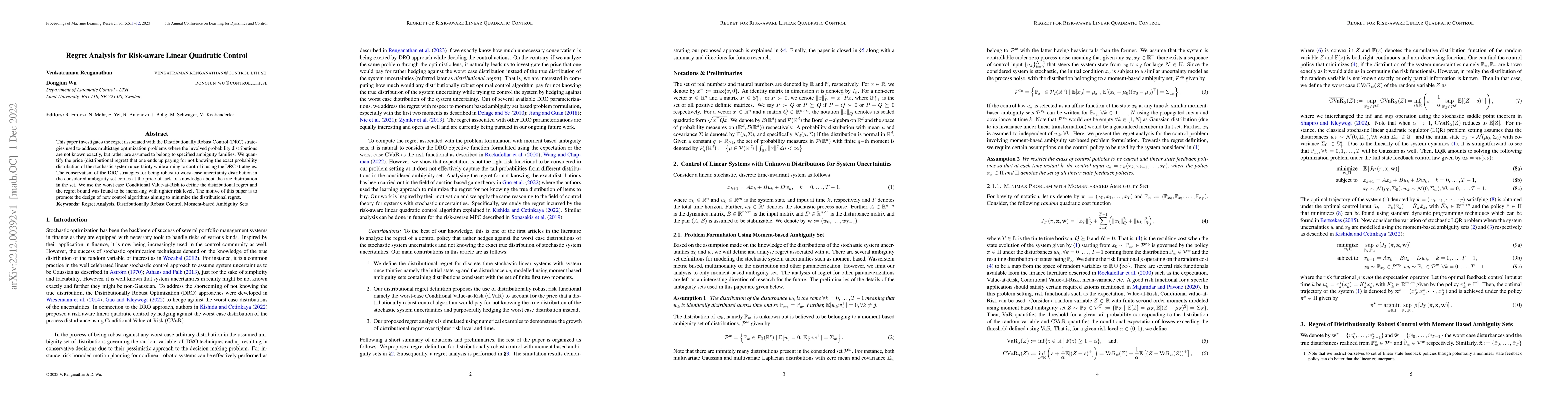 Thumbnail for Regret Analysis for Risk-aware Linear Quadratic Control