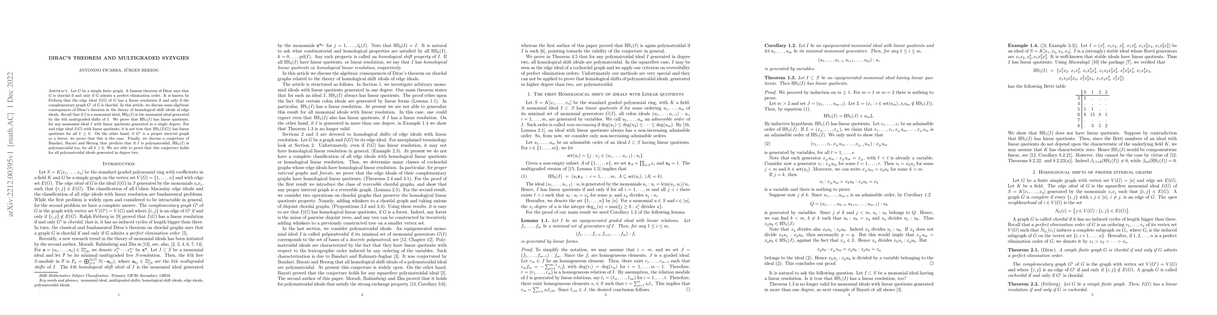 Thumbnail for Dirac's theorem and multigraded syzygies