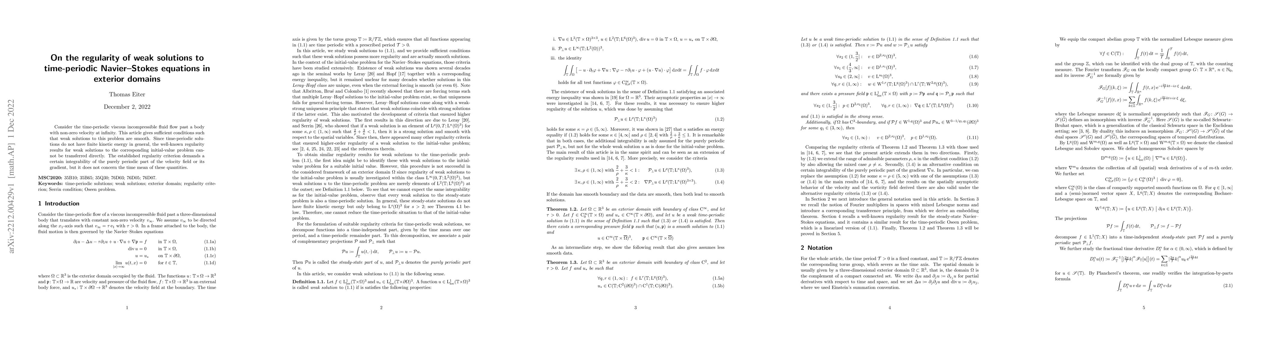 Thumbnail for On the regularity of weak solutions to time-periodic Navier--Stokes
  equations in exterior domains