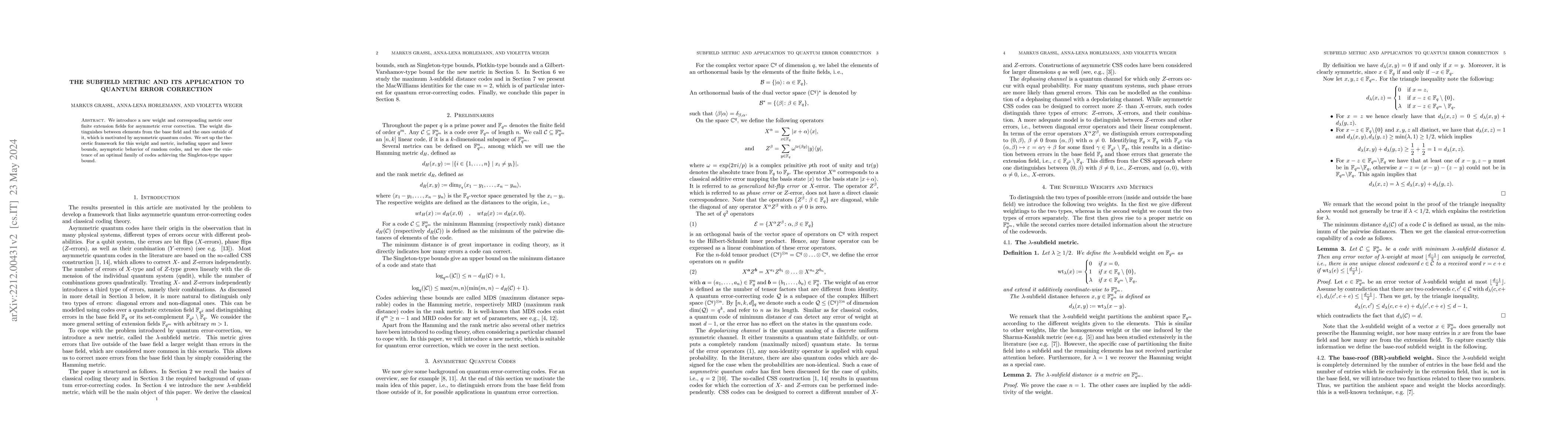 Thumbnail for The Subfield Metric and its Application to Quantum Error Correction