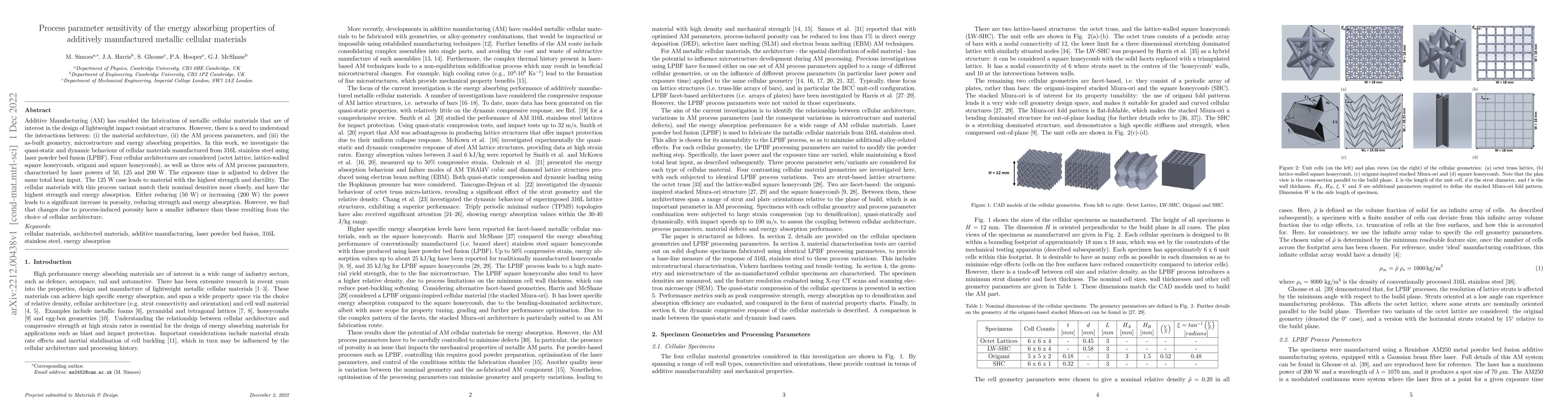 Thumbnail for Process parameter sensitivity of the energy absorbing properties of
  additively manufactured metallic cellular materials