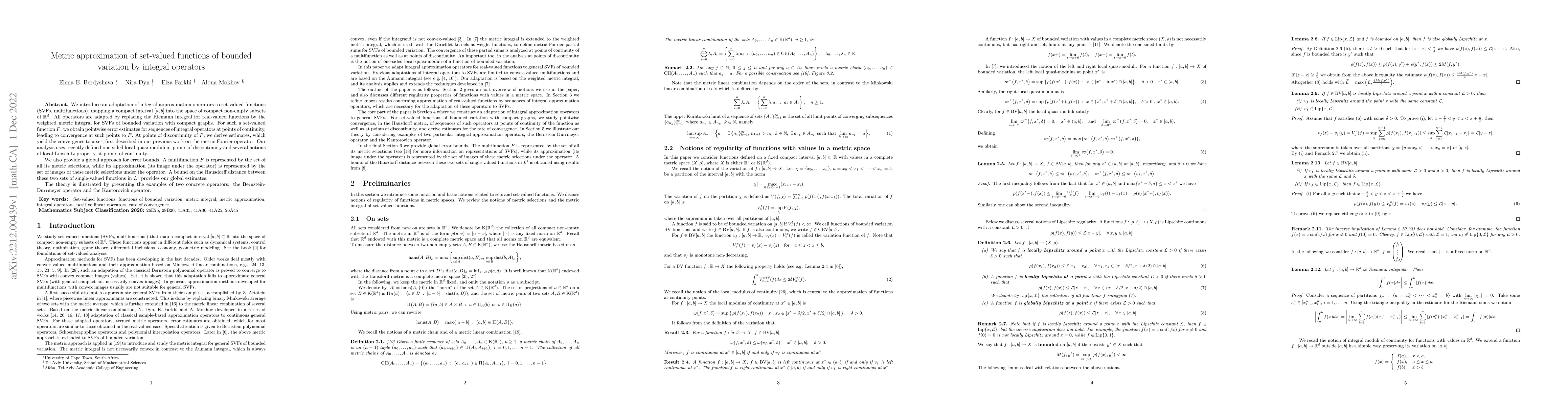 Thumbnail for Metric approximation of set-valued functions of bounded variation by
  integral operators