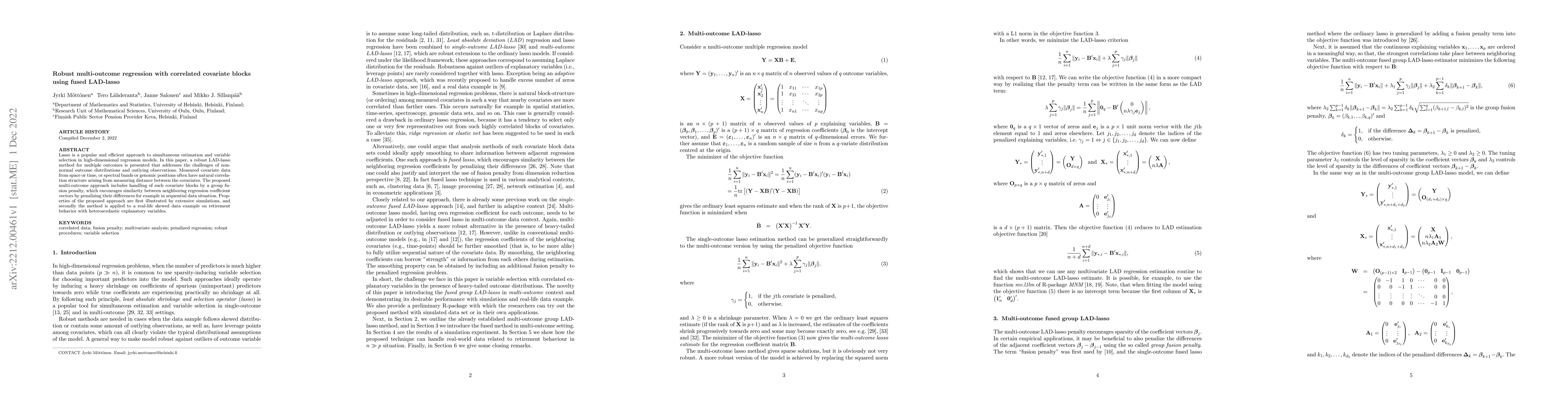 Thumbnail for Robust multi-outcome regression with correlated covariate blocks using
  fused LAD-lasso