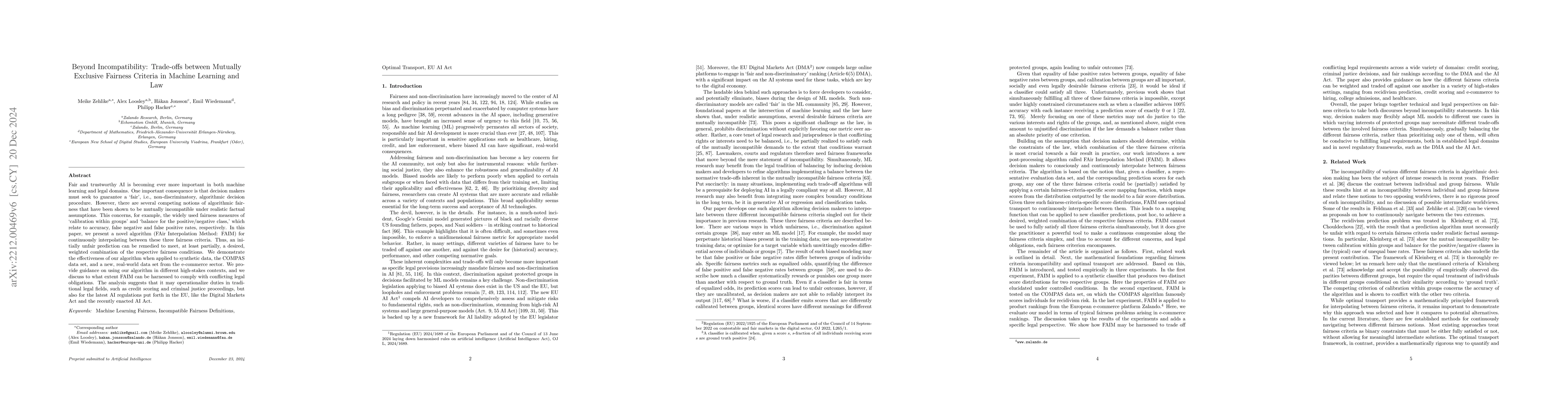 Thumbnail for Beyond Incompatibility: Trade-offs between Mutually Exclusive Fairness
  Criteria in Machine Learning and Law