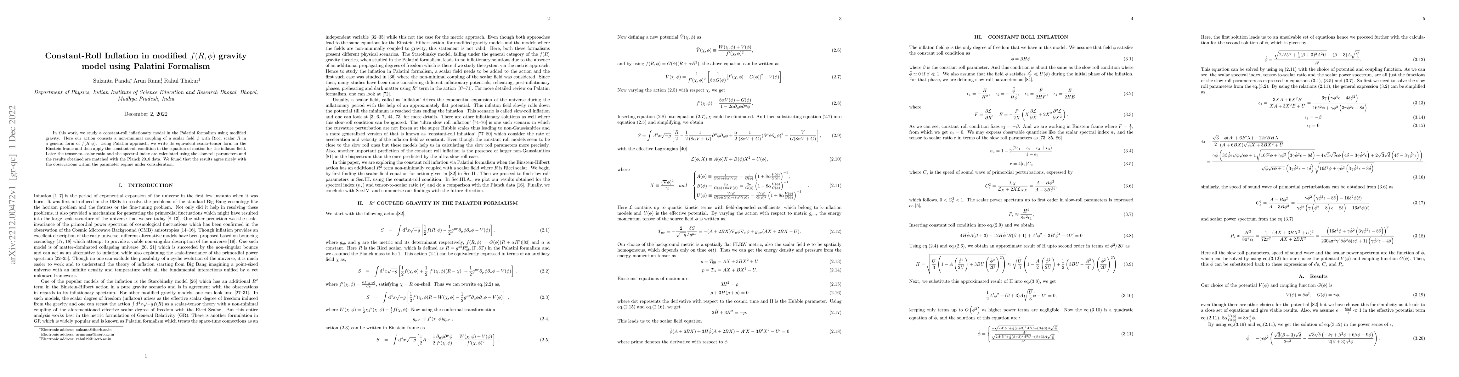Thumbnail for Constant-Roll Inflation in modified $f(R,\phi)$ gravity model using
  Palatini Formalism