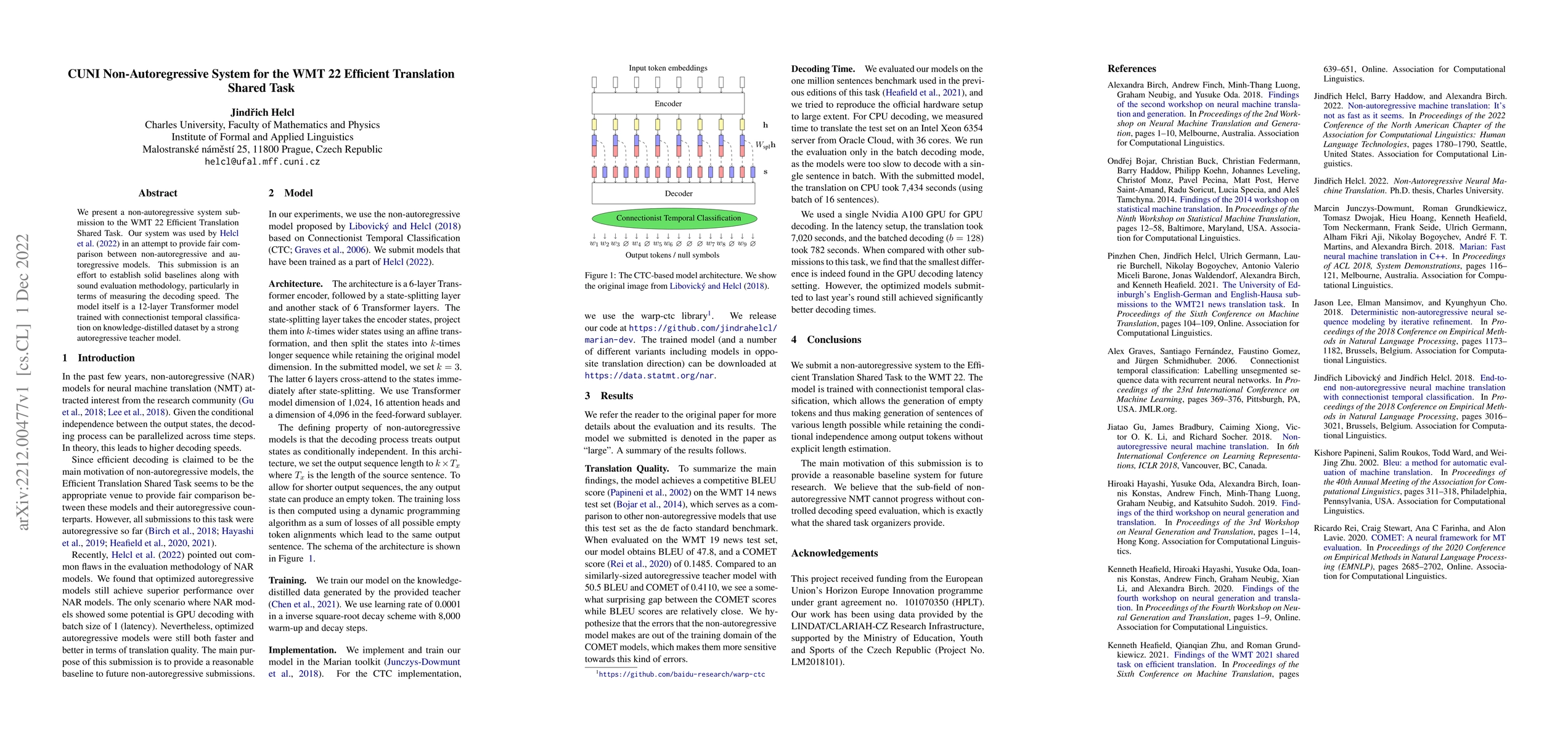 Thumbnail for CUNI Non-Autoregressive System for the WMT 22 Efficient Translation
  Shared Task