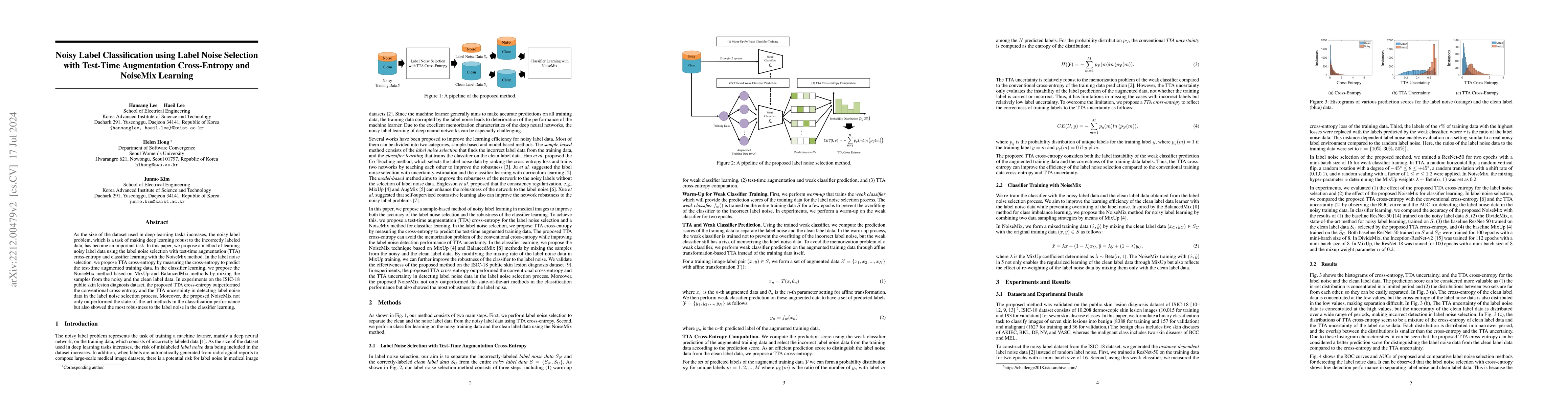 Thumbnail for Noisy Label Classification using Label Noise Selection with Test-Time
  Augmentation Cross-Entropy and NoiseMix Learning