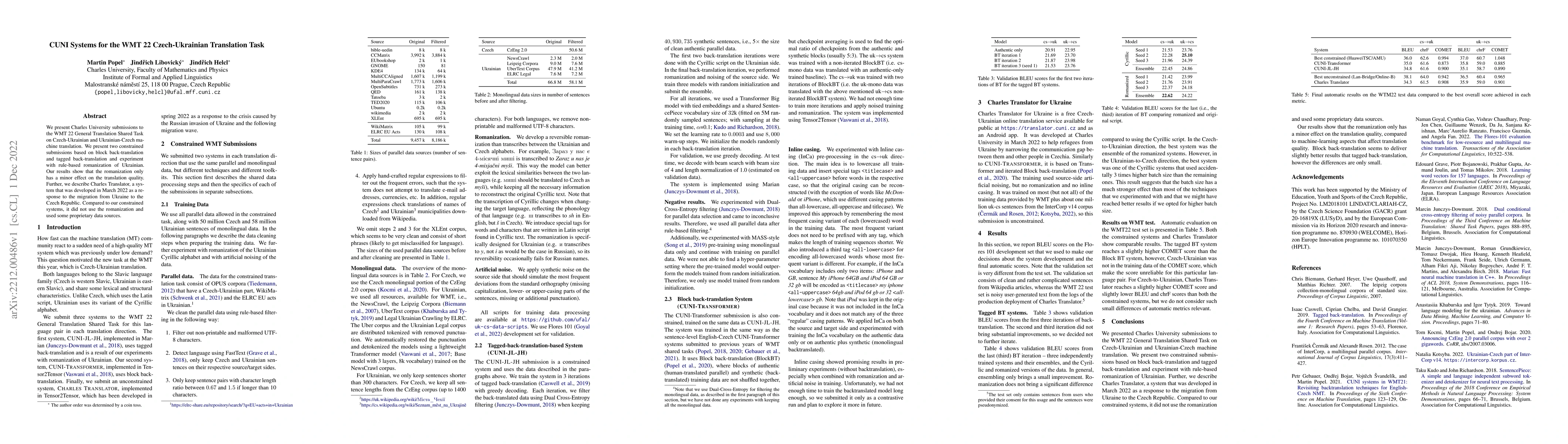 Thumbnail for CUNI Systems for the WMT22 Czech-Ukrainian Translation Task