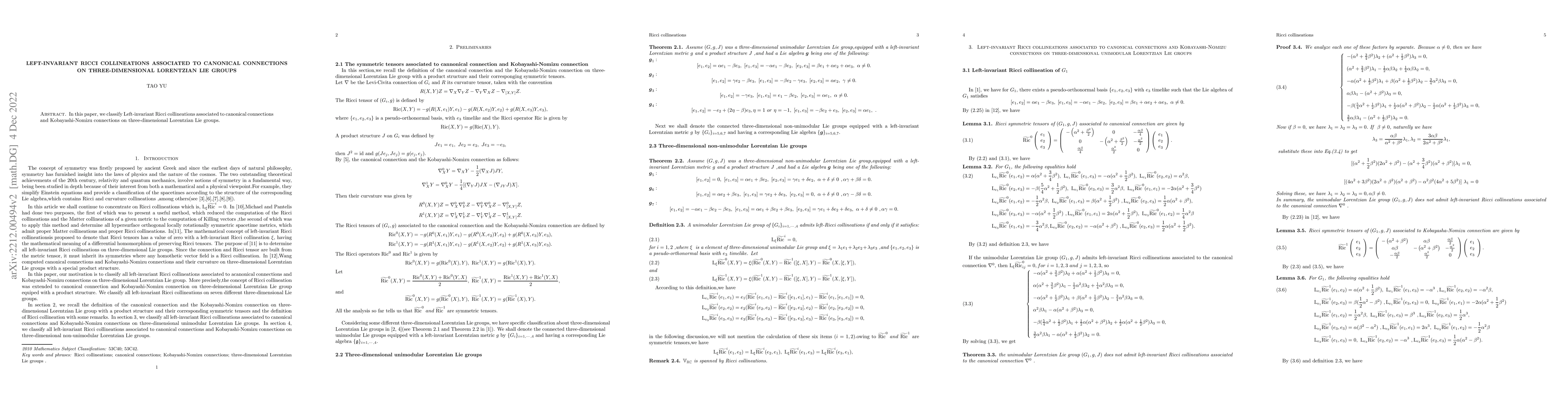 Thumbnail for Left-invariant Ricci collineations associated to canonical connections
  on three-dimensional Lorentzian Lie groups