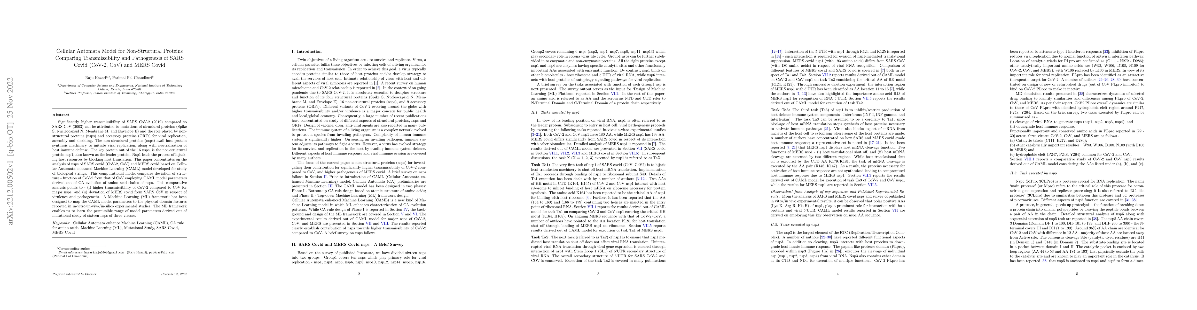 Thumbnail for Cellular Automata Model for Non-Structural Proteins Comparing
  Transmissibility and Pathogenesis of SARS Covid (CoV-2, CoV) and MERS Covid