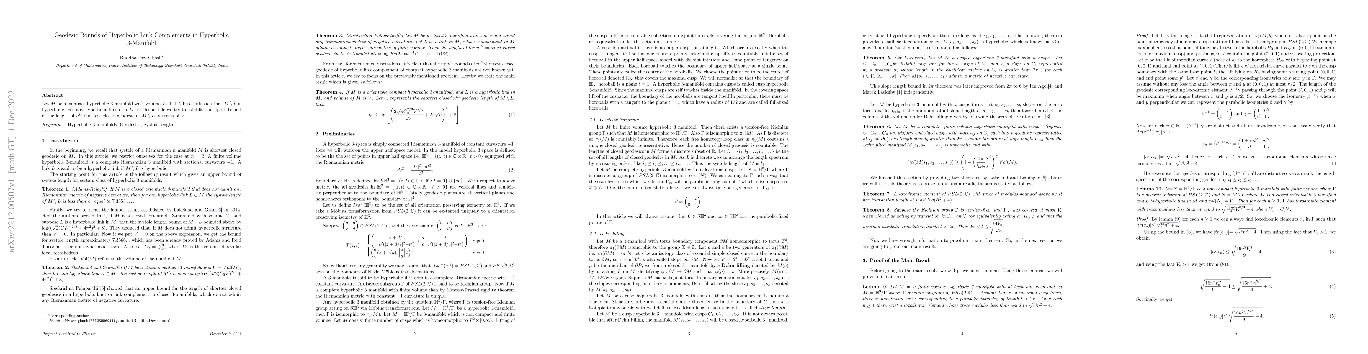 Thumbnail for Geodesic Bounds of Hyperbolic Link Complements in Hyperbolic
  $3$-Manifold