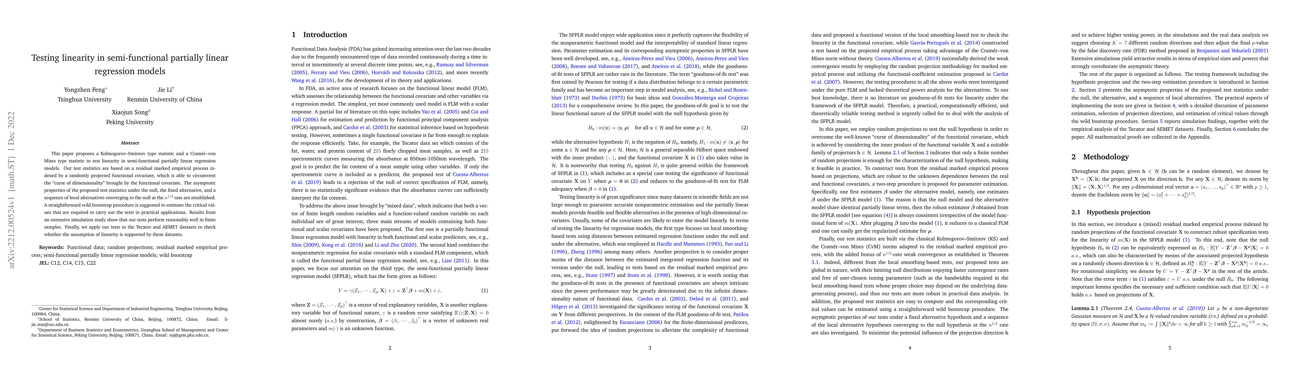 Thumbnail for Testing linearity in semi-functional partially linear regression models