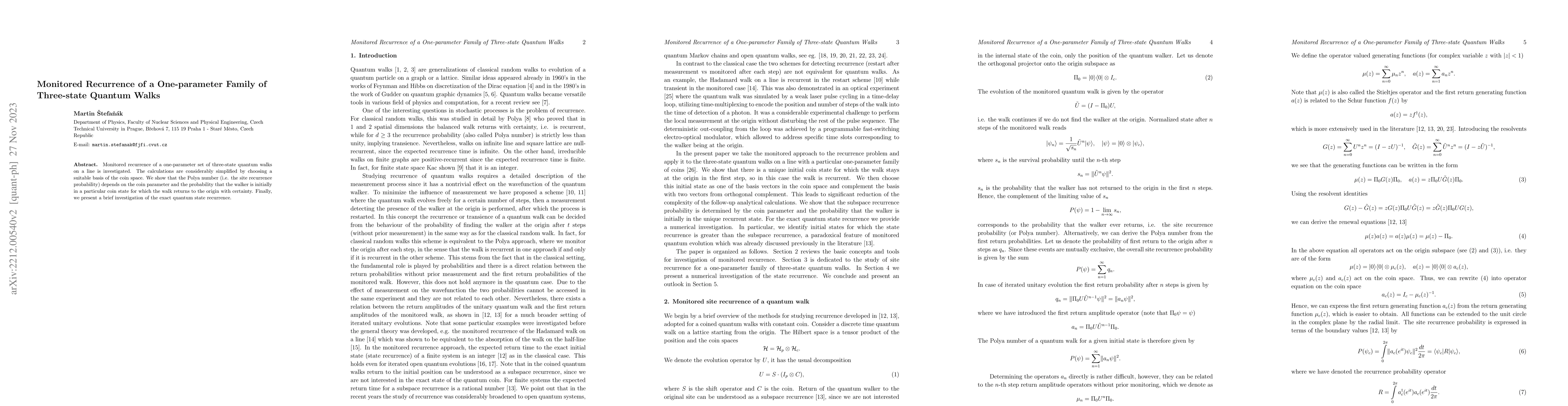 Thumbnail for Monitored Recurrence of a One-parameter Family of Three-state Quantum
  Walks