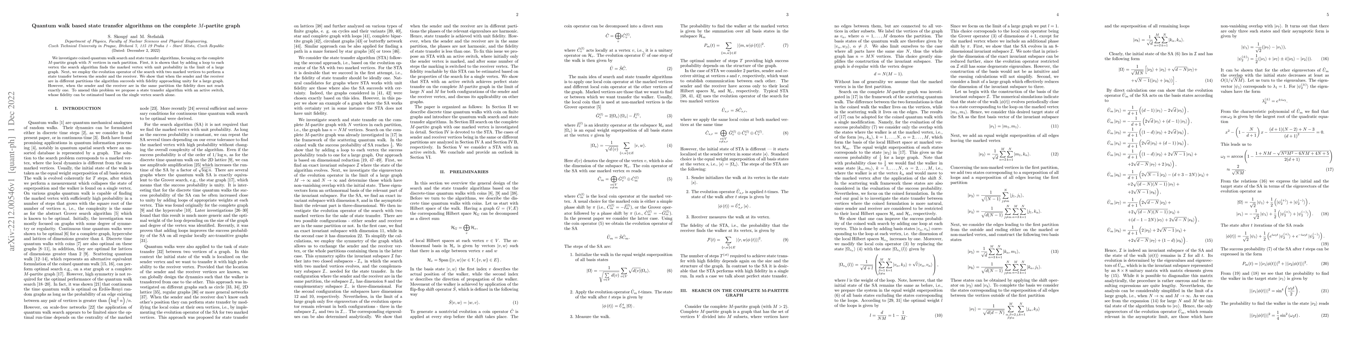 Thumbnail for Quantum walk based state transfer algorithms on the complete M-partite
  graph