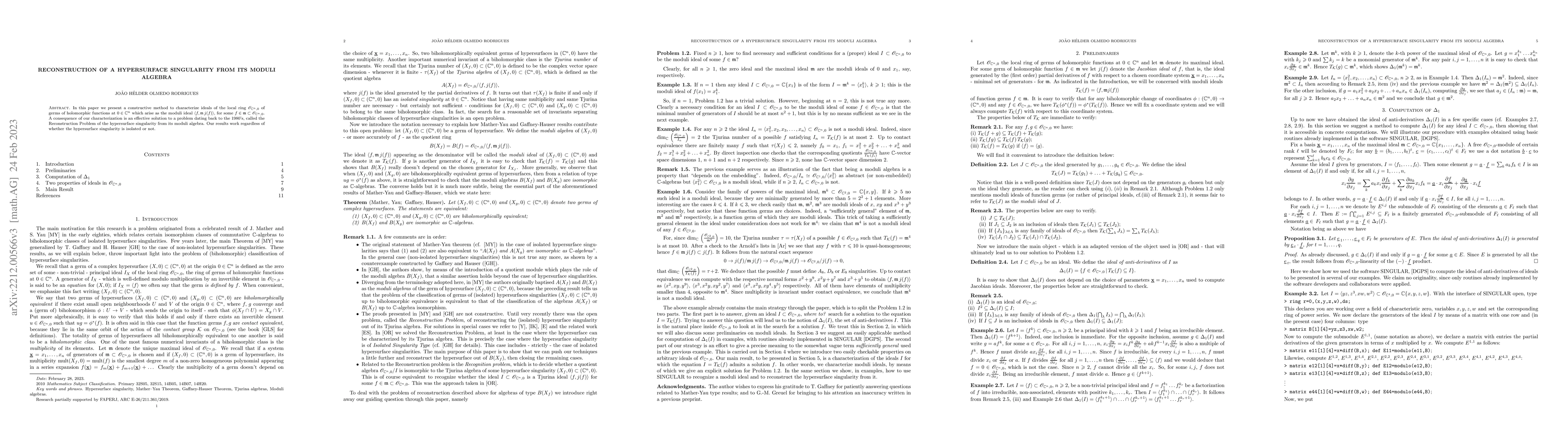 Thumbnail for Reconstruction of a Hypersurface Singularity from its Moduli Algebra